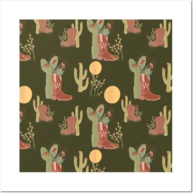 Full Moon Southwest Cowboy Boots Cactus Pattern Wall Art by so_celia